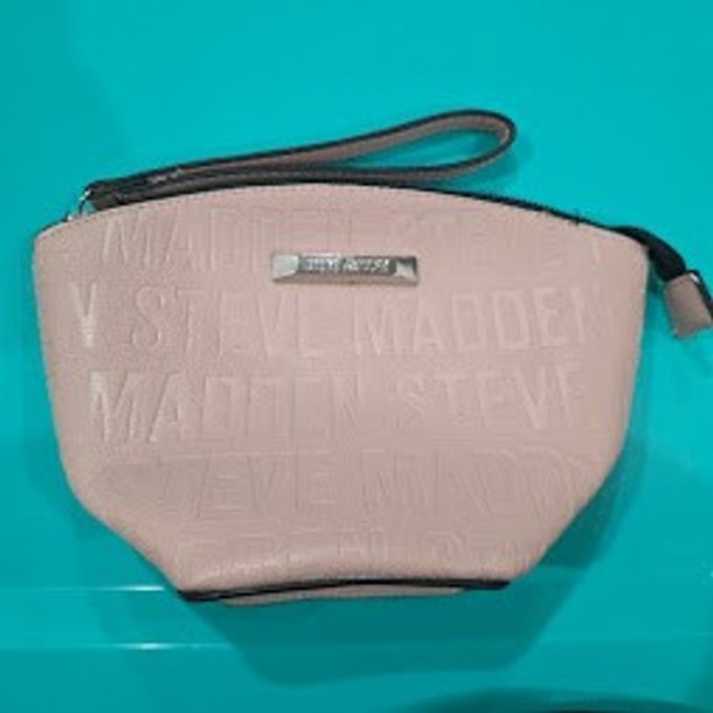 Steve Madden Pink Embossed Logo Wristlet Pouch Makeup Bag Clutch Silver Hardware